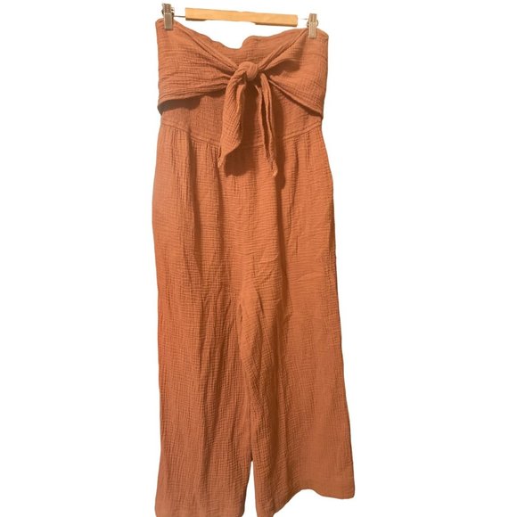 Versona Pants - Womens Versona Strapless Smocked Wide Leg Jumpsuit Rust Waffle Knit Cotton XL